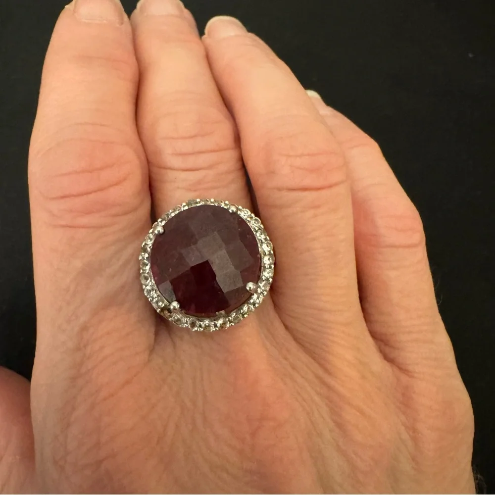 Large Faceted Ruby Sterling Silver Ring with White Topaz Halo